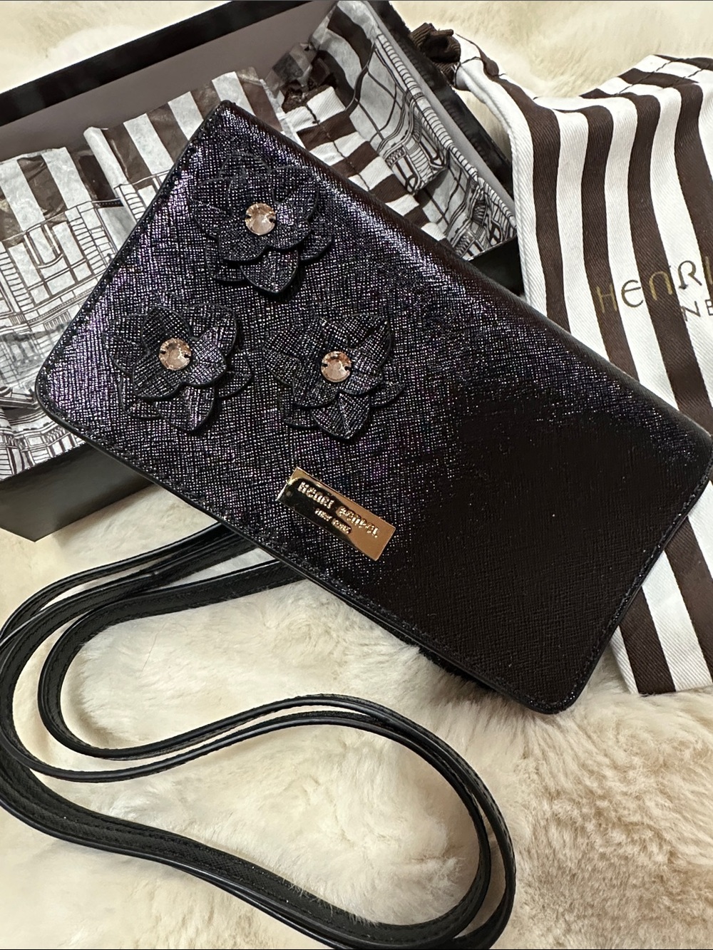 Henri Bendel Black Floral Appliqué Crossbody Wallet